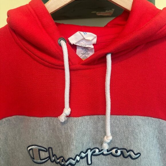 Champion Reverse Weave Colorblock Hoodie X-Small Red/Gray/Blue Cotton Blend - Picture 7 of 7